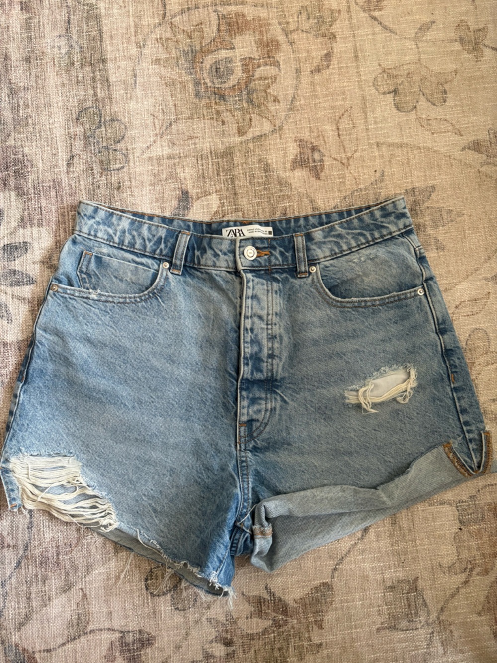 Zara Light Blue Distressed Boyfriend Denim Shorts